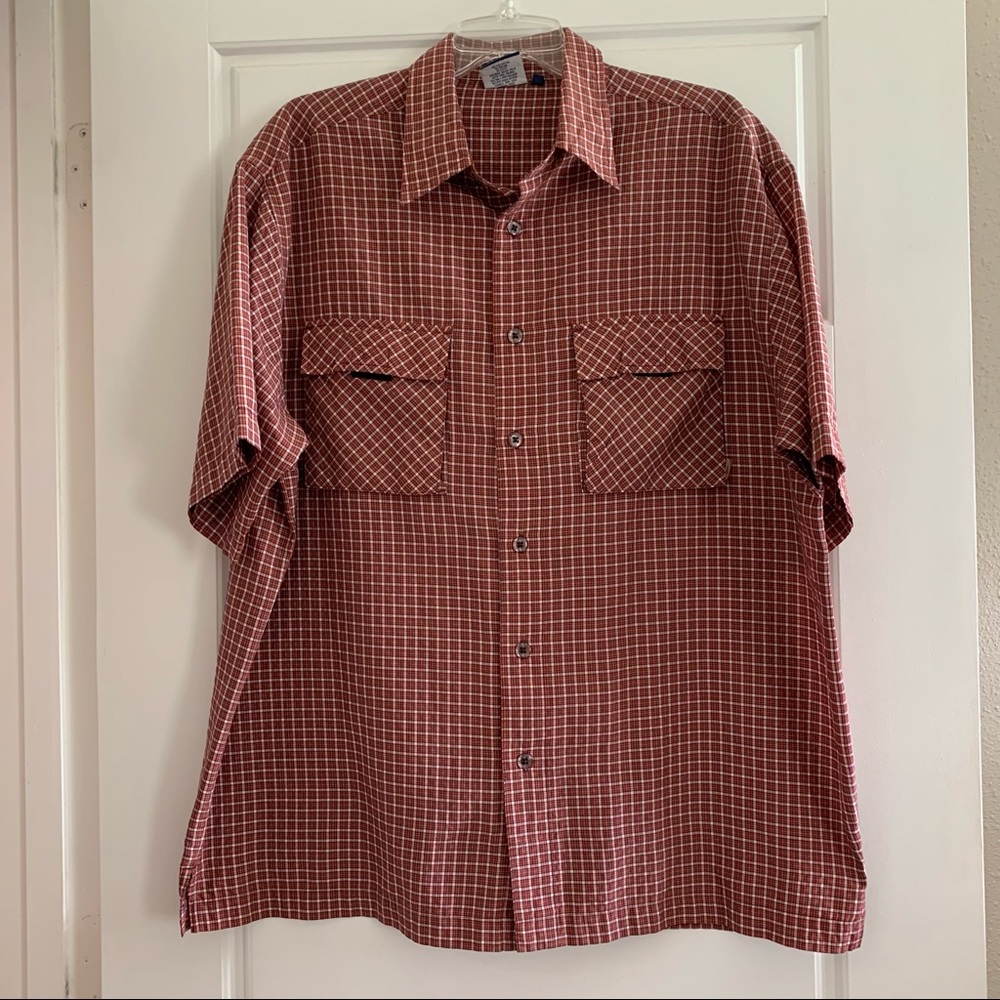 Sideout Mens Checkered Window Pane Button Up No Tuck Shirt L Pockets Orange Navy